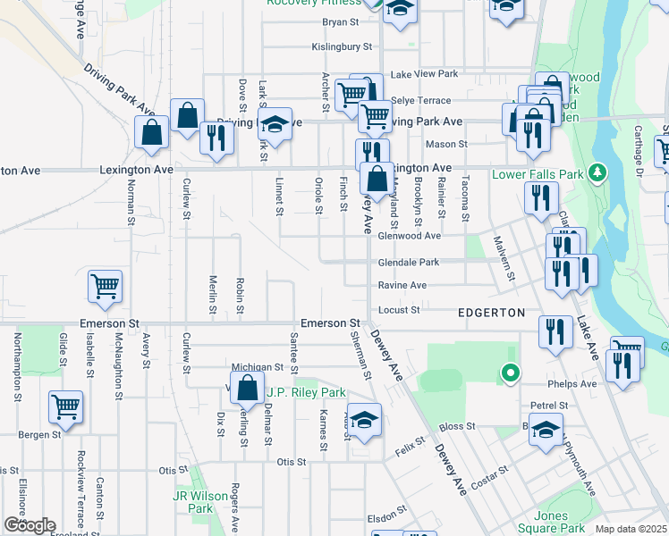 map of restaurants, bars, coffee shops, grocery stores, and more near 143 Glendale Park in Rochester