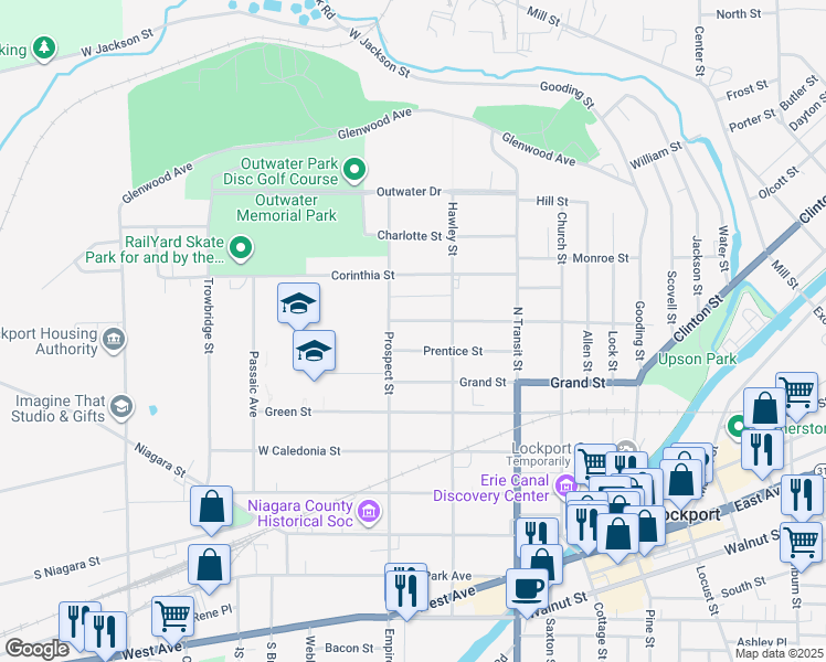 map of restaurants, bars, coffee shops, grocery stores, and more near 276 Washington Street in Lockport
