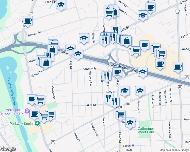map of restaurants, bars, coffee shops, grocery stores, and more near in St. Catharines