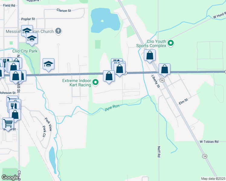 map of restaurants, bars, coffee shops, grocery stores, and more near 2181 West Vienna Road in Clio
