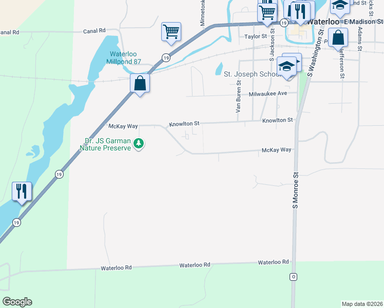 map of restaurants, bars, coffee shops, grocery stores, and more near 665 McKay Way in Waterloo