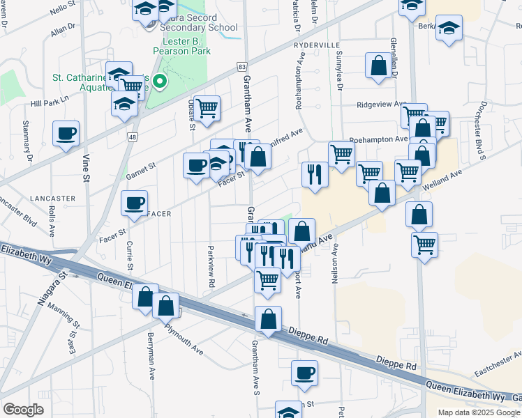 map of restaurants, bars, coffee shops, grocery stores, and more near 2 Highfield Avenue in Saint Catharines