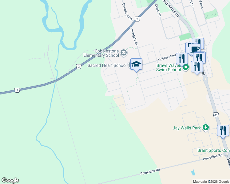 map of restaurants, bars, coffee shops, grocery stores, and more near 92 sass crescent in Brant