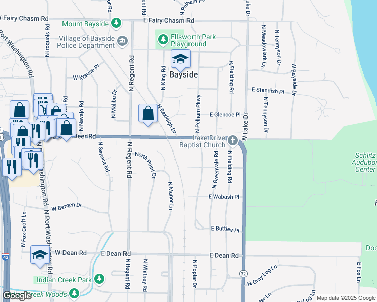 map of restaurants, bars, coffee shops, grocery stores, and more near 665 East Brown Deer Road in Bayside