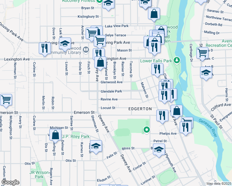 map of restaurants, bars, coffee shops, grocery stores, and more near 93 Glendale Park in Rochester