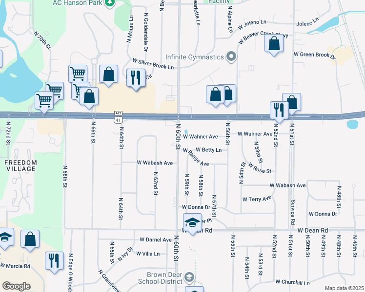 map of restaurants, bars, coffee shops, grocery stores, and more near 5970 West Range Avenue in Brown Deer