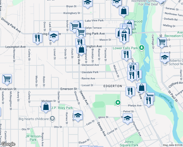 map of restaurants, bars, coffee shops, grocery stores, and more near 93 Glendale Park in Rochester