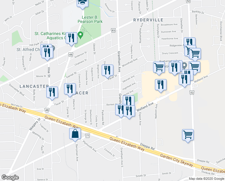 map of restaurants, bars, coffee shops, grocery stores, and more near 16 Prospect Avenue in St. Catharines