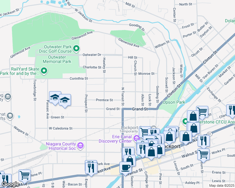 map of restaurants, bars, coffee shops, grocery stores, and more near 194 Washington Street in Lockport