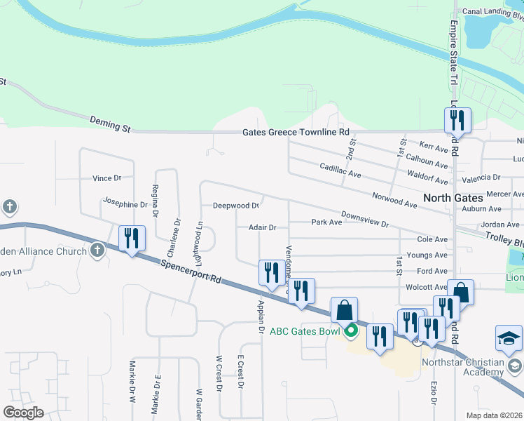 map of restaurants, bars, coffee shops, grocery stores, and more near 46 Deepwood Drive in Rochester