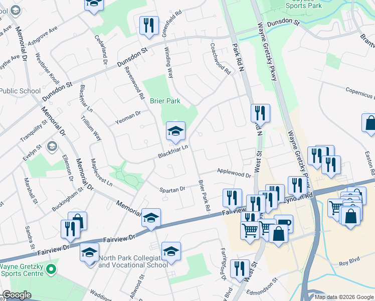 map of restaurants, bars, coffee shops, grocery stores, and more near 1 Wildflower Lane in Brantford