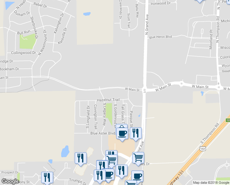 map of restaurants, bars, coffee shops, grocery stores, and more near 2701 West Main Street in Sun Prairie