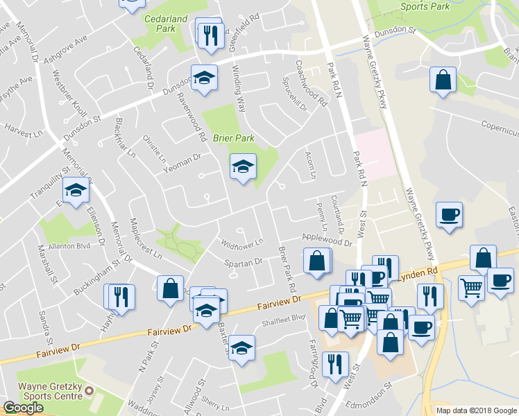 map of restaurants, bars, coffee shops, grocery stores, and more near 1 Wildflower Lane in Brantford