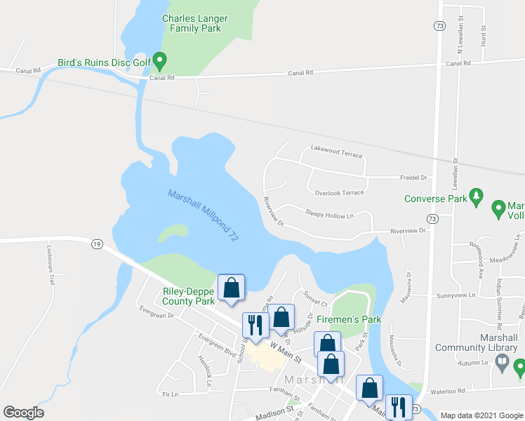 map of restaurants, bars, coffee shops, grocery stores, and more near 602 Riverview Dr in Marshall