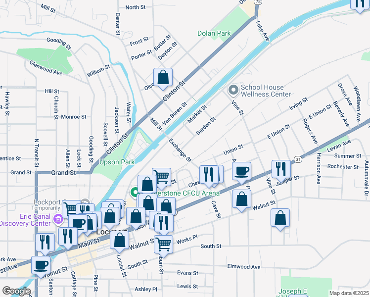 map of restaurants, bars, coffee shops, grocery stores, and more near 50 Exchange Street in Lockport