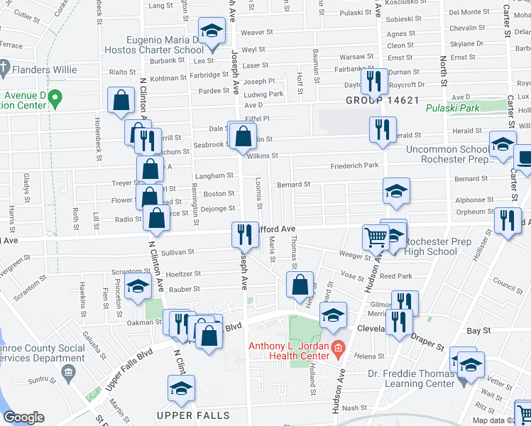 map of restaurants, bars, coffee shops, grocery stores, and more near 19 Loomis Street in Rochester