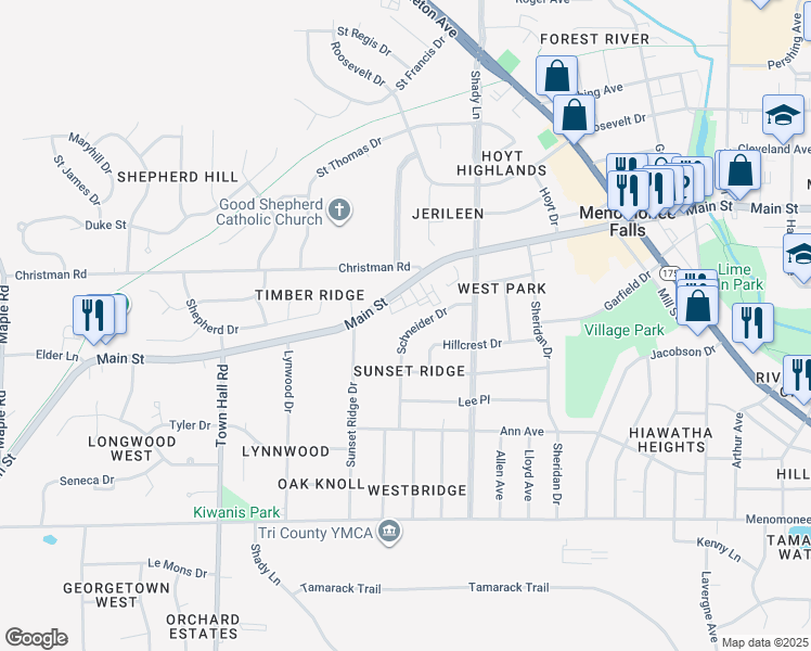 map of restaurants, bars, coffee shops, grocery stores, and more near N87W17422 Schneider Drive in Menomonee Falls