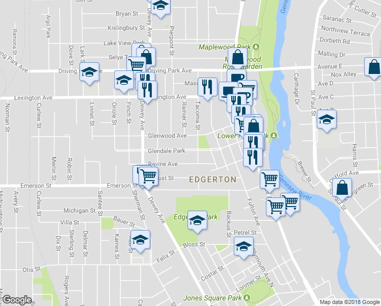 map of restaurants, bars, coffee shops, grocery stores, and more near 77 Glendale Park in Rochester