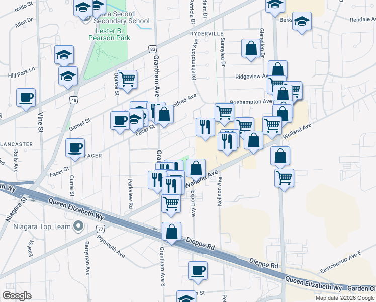 map of restaurants, bars, coffee shops, grocery stores, and more near 26 Myrtle Avenue in St. Catharines
