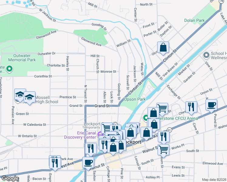 map of restaurants, bars, coffee shops, grocery stores, and more near 167 Lock Street in Lockport