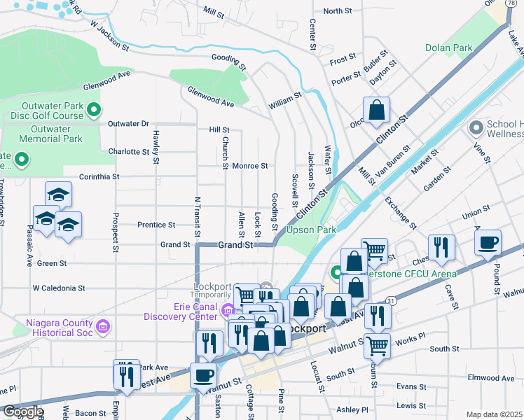 map of restaurants, bars, coffee shops, grocery stores, and more near 167 Lock Street in Lockport