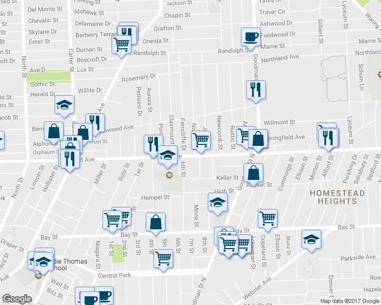 map of restaurants, bars, coffee shops, grocery stores, and more near 1516 Clifford Ave in Rochester
