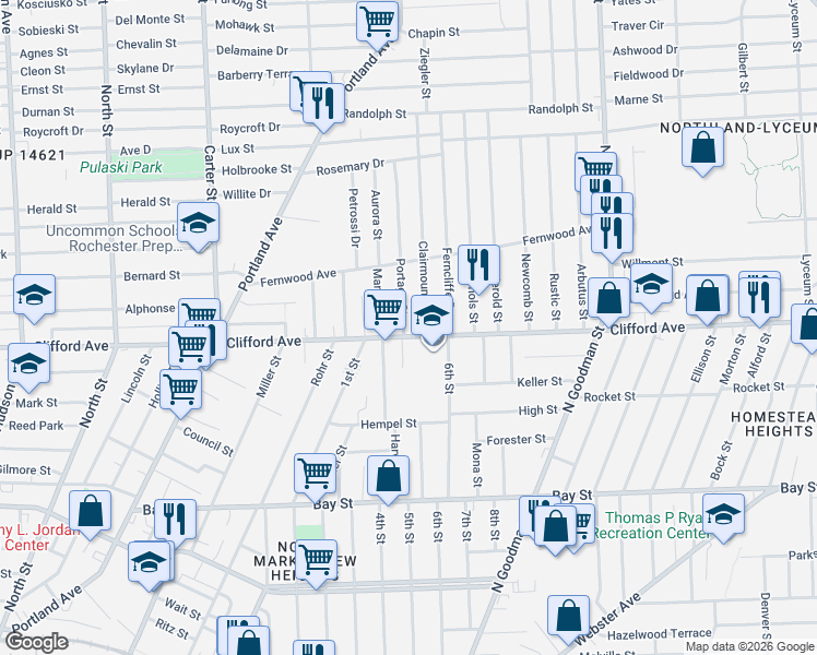 map of restaurants, bars, coffee shops, grocery stores, and more near 18 Clairmount Street in Rochester