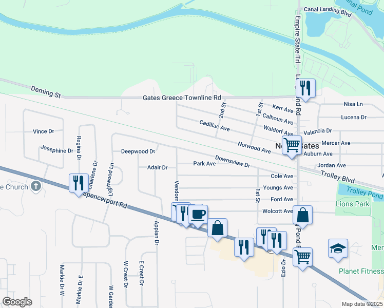 map of restaurants, bars, coffee shops, grocery stores, and more near 301 Downsview Drive in Rochester