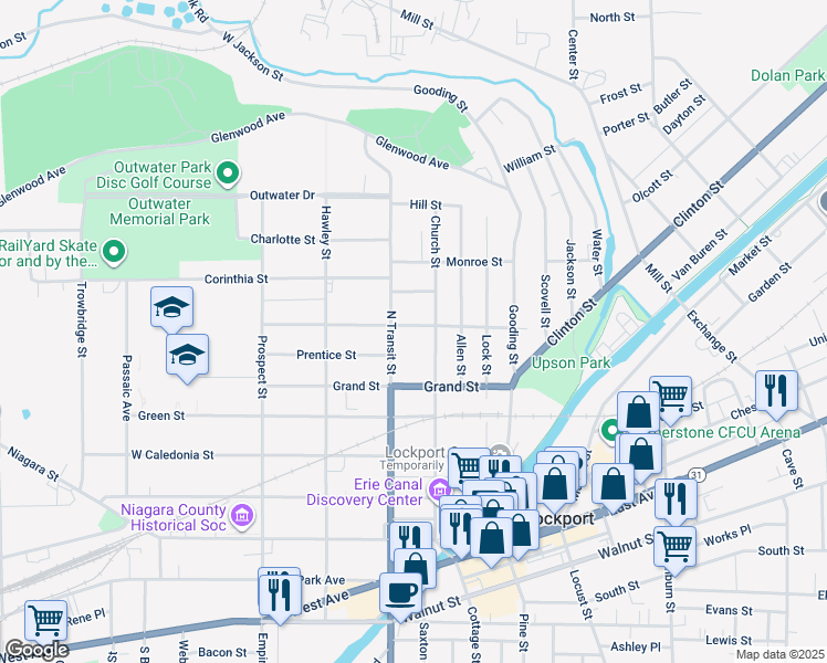 map of restaurants, bars, coffee shops, grocery stores, and more near 150 Washington Street in Lockport