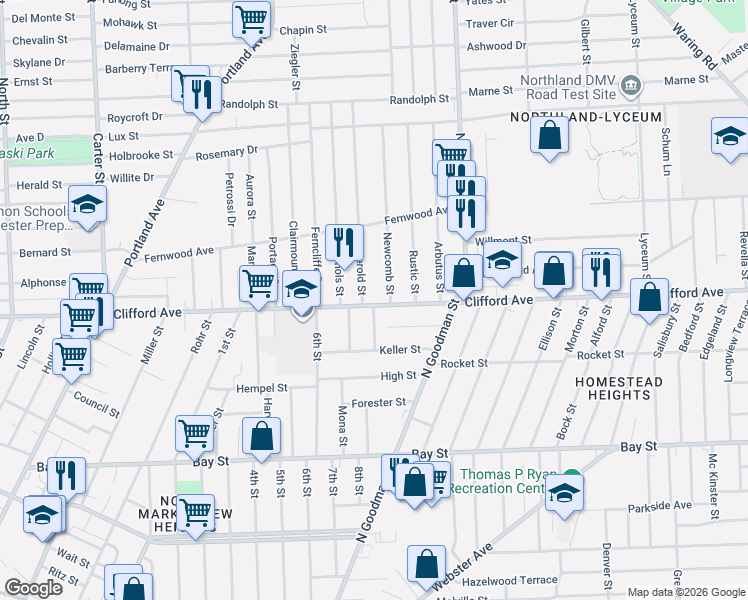 map of restaurants, bars, coffee shops, grocery stores, and more near 1582 Clifford Avenue in Rochester