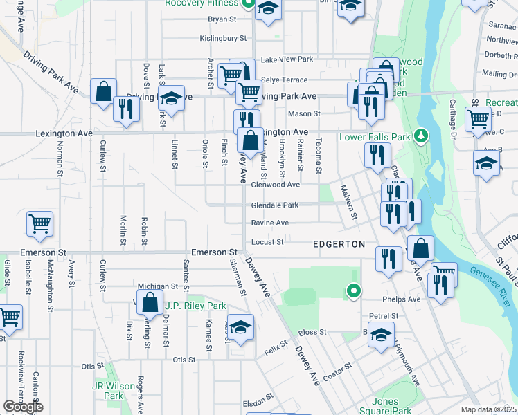 map of restaurants, bars, coffee shops, grocery stores, and more near 111 Glendale Park in Rochester