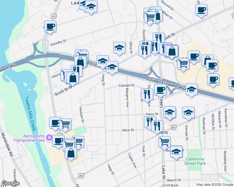 map of restaurants, bars, coffee shops, grocery stores, and more near 98 Shakespeare Avenue in St. Catharines