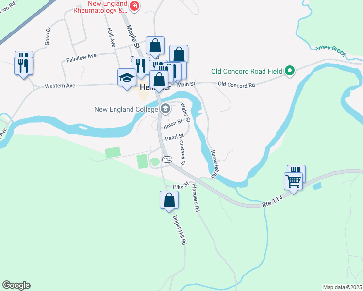 map of restaurants, bars, coffee shops, grocery stores, and more near 17 Cressey Street in Henniker