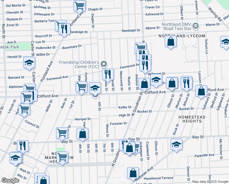 map of restaurants, bars, coffee shops, grocery stores, and more near 1570 Clifford Avenue in Rochester