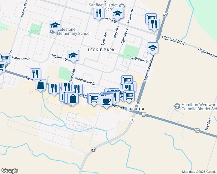 map of restaurants, bars, coffee shops, grocery stores, and more near 126 Candlewood Drive in Hamilton