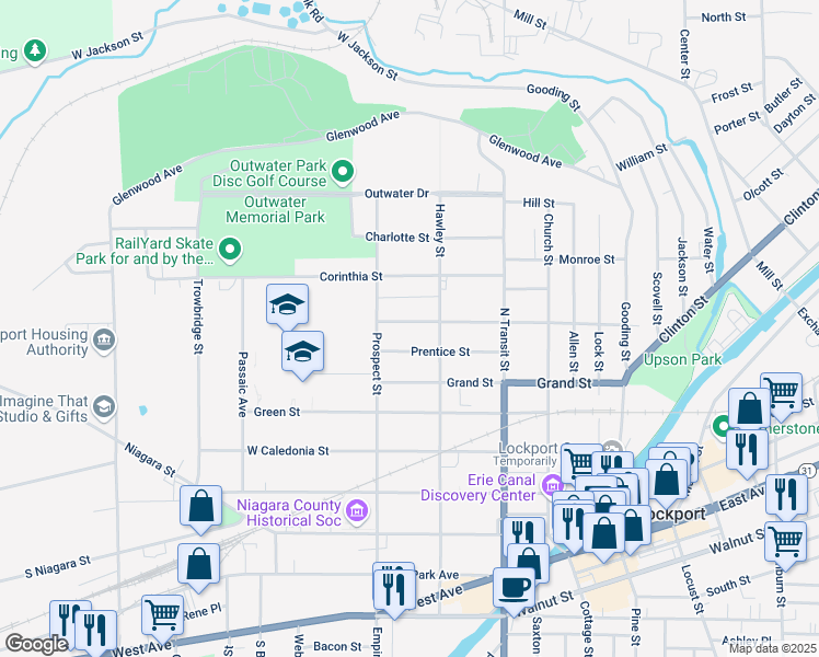 map of restaurants, bars, coffee shops, grocery stores, and more near 276 Washington Street in Lockport