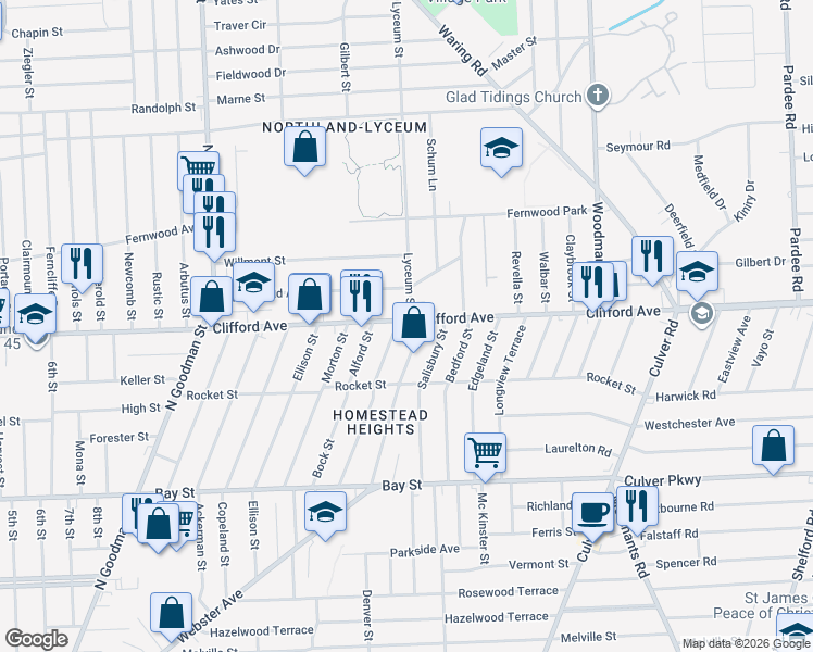 map of restaurants, bars, coffee shops, grocery stores, and more near 1991 Clifford Avenue in Rochester