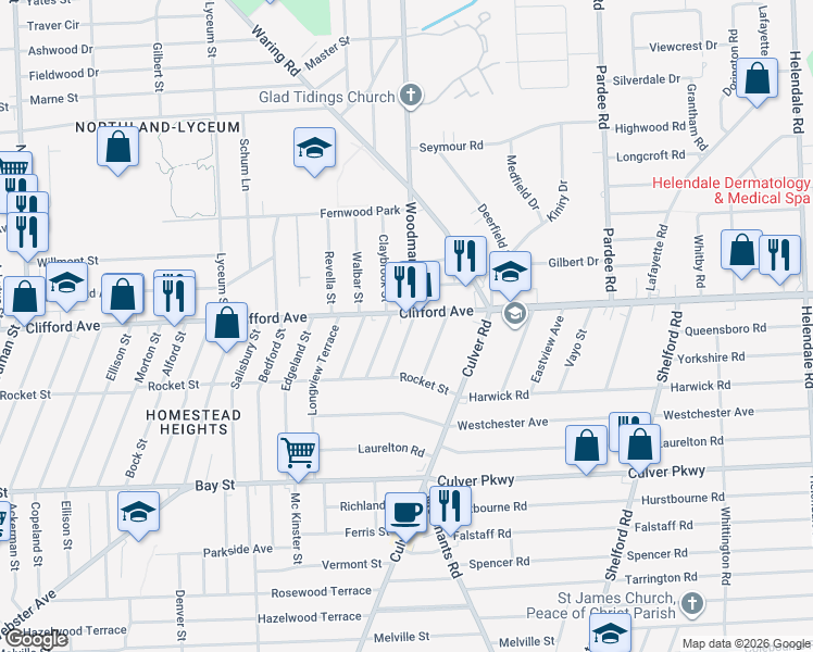 map of restaurants, bars, coffee shops, grocery stores, and more near 2267 Clifford Avenue in Rochester