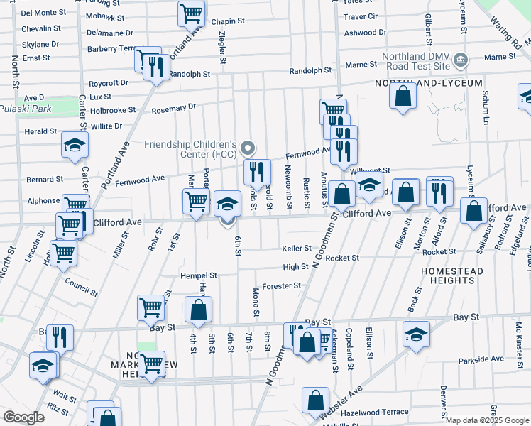 map of restaurants, bars, coffee shops, grocery stores, and more near 1570 Clifford Avenue in Rochester