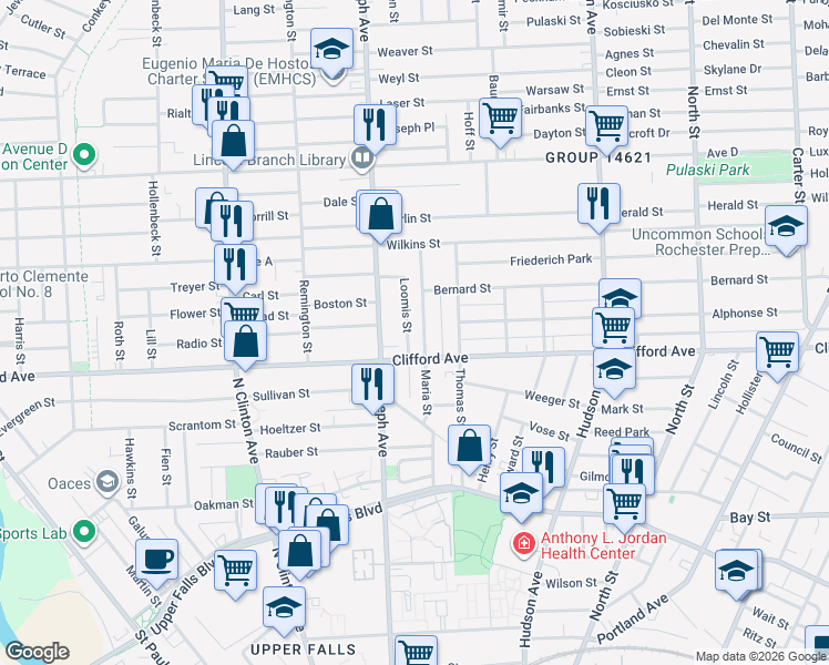 map of restaurants, bars, coffee shops, grocery stores, and more near 19 Loomis Street in Rochester