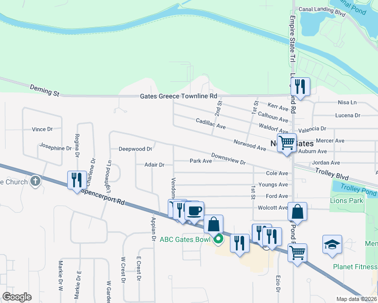 map of restaurants, bars, coffee shops, grocery stores, and more near 301 Downsview Drive in Rochester