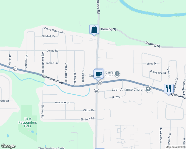 map of restaurants, bars, coffee shops, grocery stores, and more near 553 Elmgrove Road in Rochester