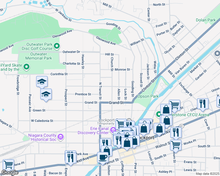 map of restaurants, bars, coffee shops, grocery stores, and more near 150 Washington Street in Lockport