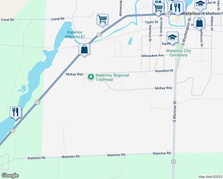 map of restaurants, bars, coffee shops, grocery stores, and more near 665 McKay Way in Waterloo