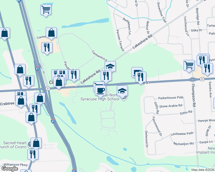map of restaurants, bars, coffee shops, grocery stores, and more near 5961 New York 31 in Cicero