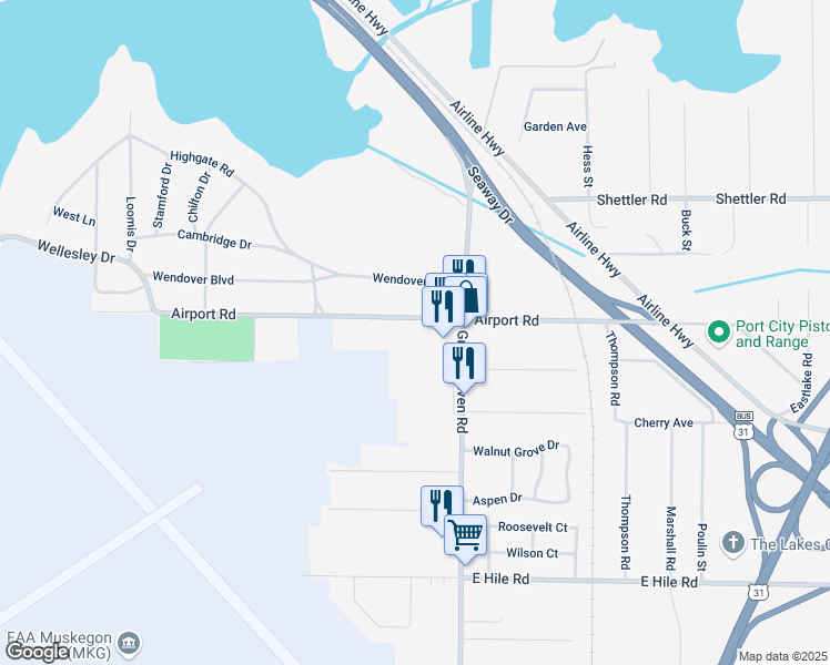 map of restaurants, bars, coffee shops, grocery stores, and more near 953 Airport Road in Norton Shores