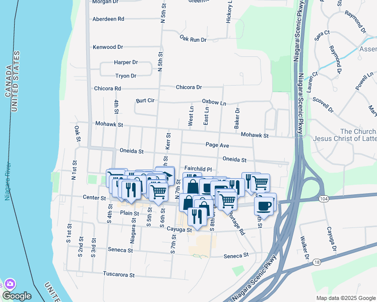 map of restaurants, bars, coffee shops, grocery stores, and more near 710 Oneida St in Lewiston