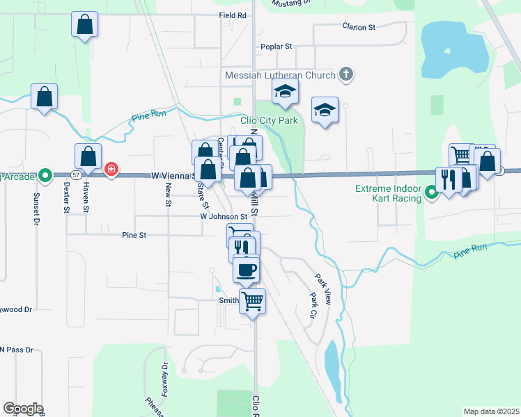 map of restaurants, bars, coffee shops, grocery stores, and more near 213 South Mill Street in Clio