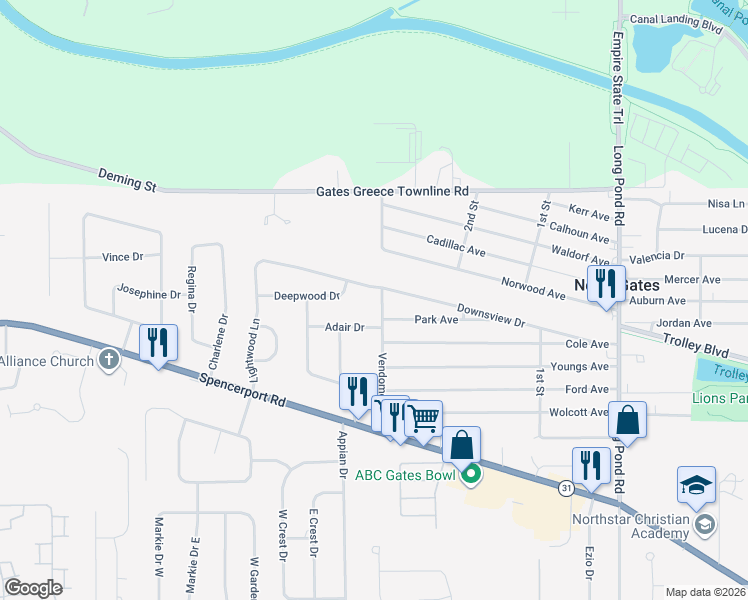 map of restaurants, bars, coffee shops, grocery stores, and more near 105 Vendome Drive South in Rochester