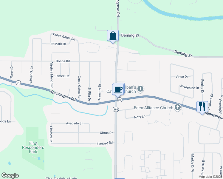 map of restaurants, bars, coffee shops, grocery stores, and more near 553 Elmgrove Road in Rochester